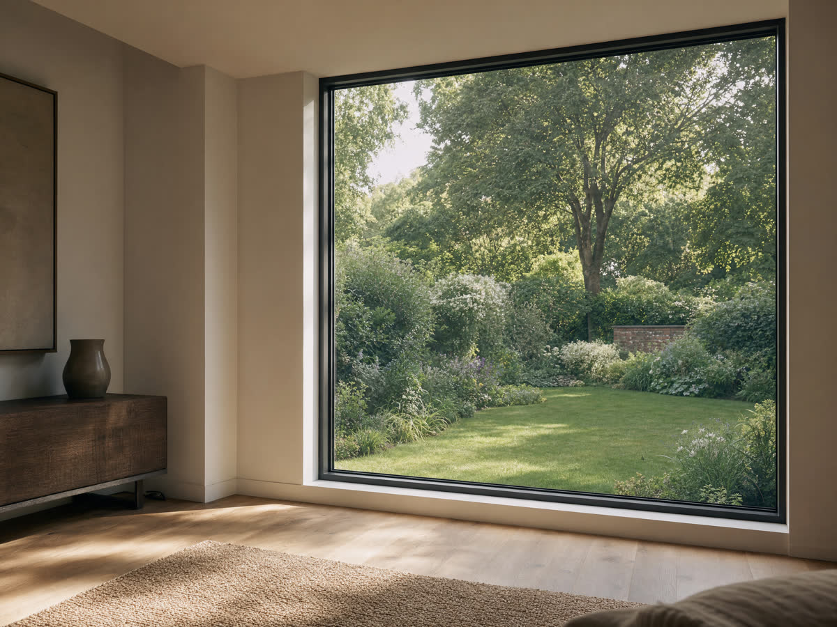Slim-framed black aluminium window with a view onto a green garden