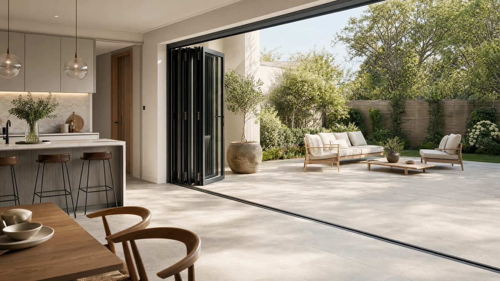 Aluminium bifold doors folded fully open between a kitchen-diner and the garden