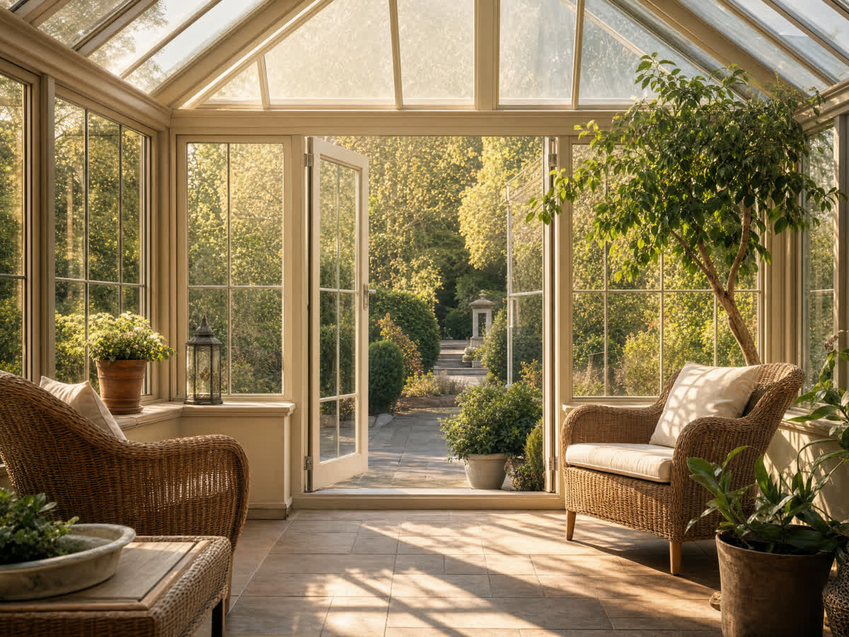 Sunlit conservatory interior with rattan furniture and house plants