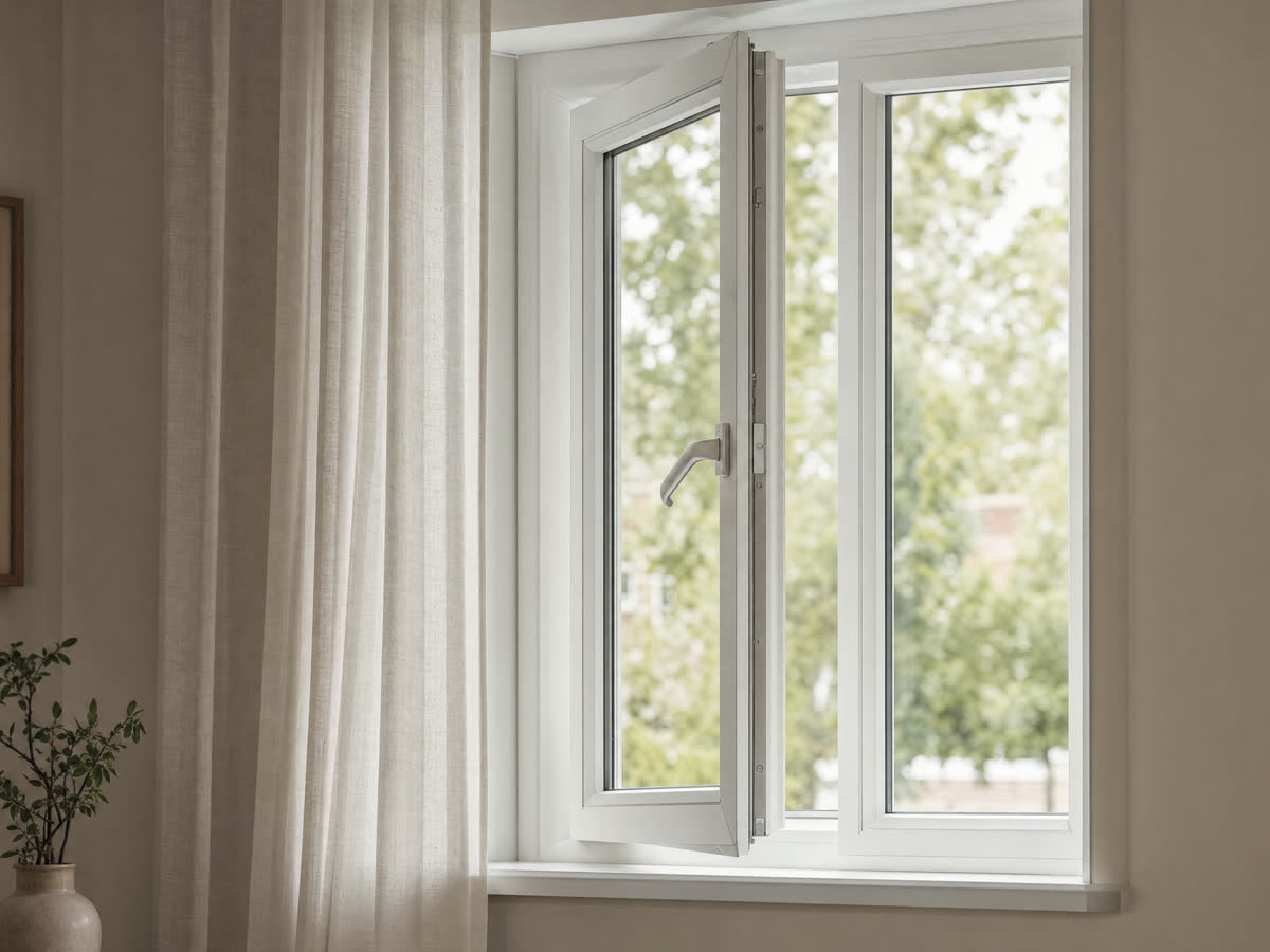 White uPVC casement window with the sash ajar in a softly lit room