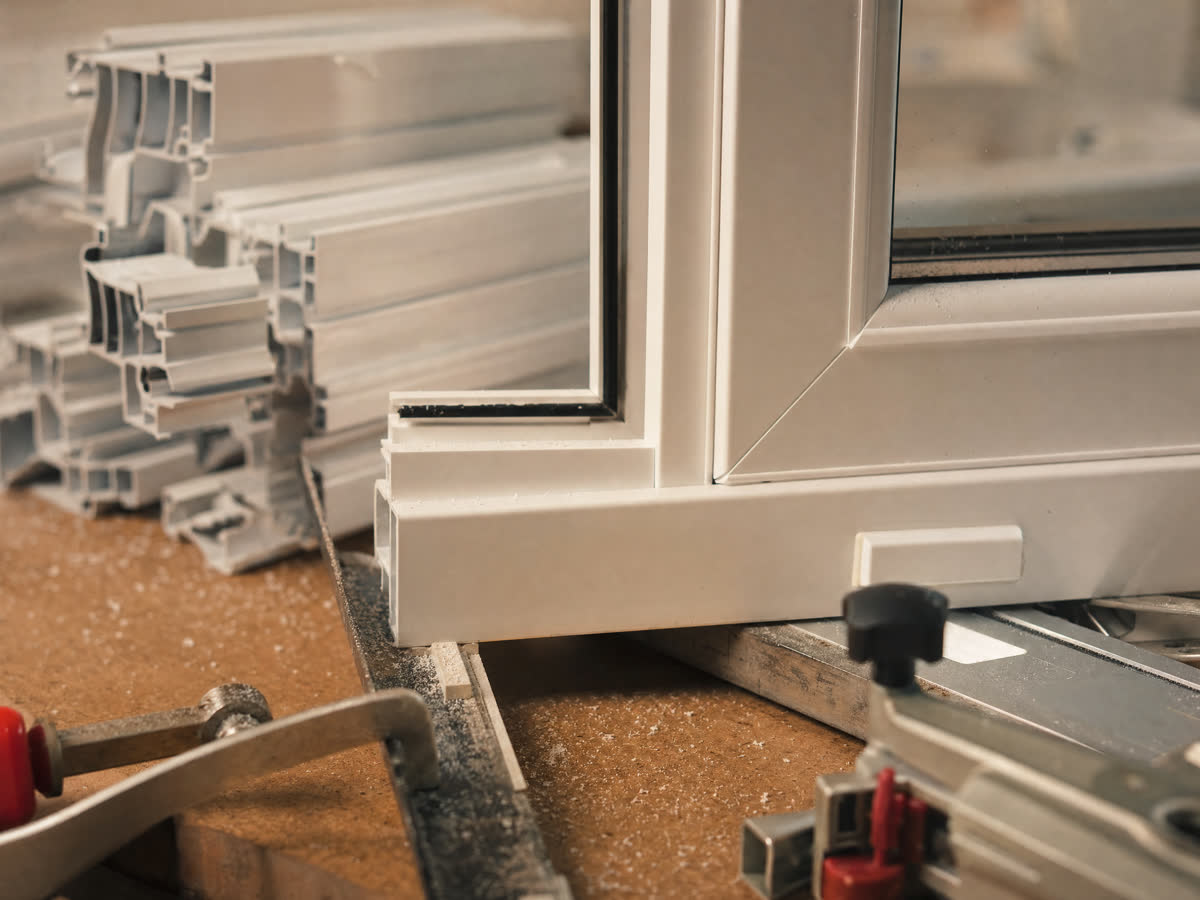 Close-up of cut window profiles and tooling on the factory workbench
