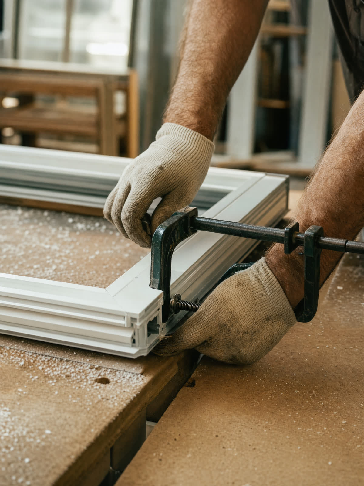 Craftsman's hands clamping a white window frame on a workshop bench