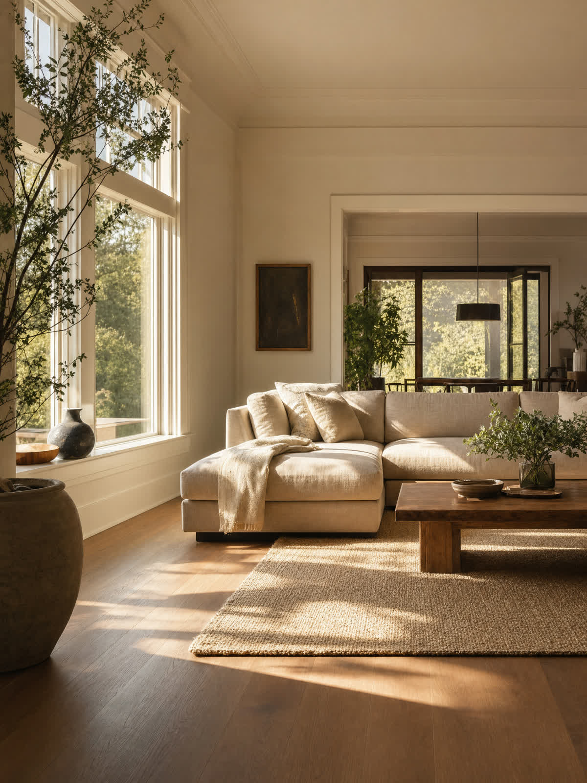 Bright lounge interior with large glazing throwing daylight across the floor